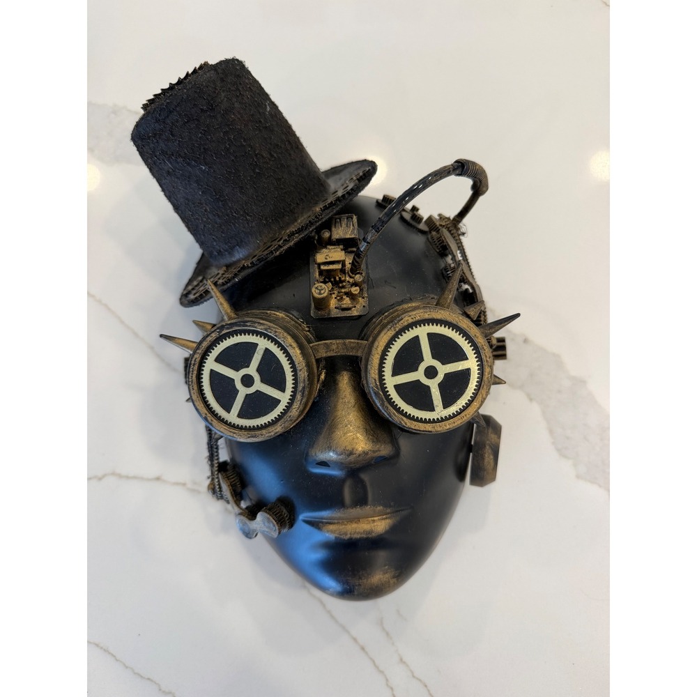 Steampunk Mask with Top Hat Goggles Gears Gold Black Cyberpunk Cosplay Accessory